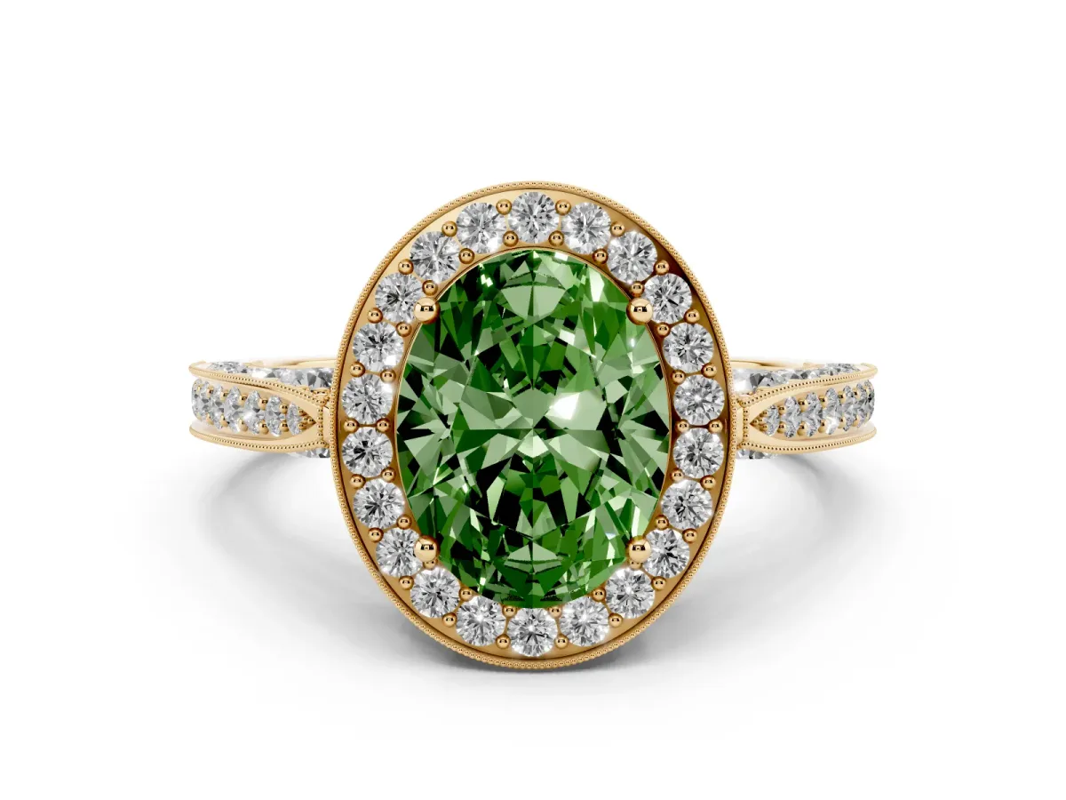 Fancy Green Oval Cut Diamond Halo Engagement Ring Set in Yellow gold with Accent Split Shank Band