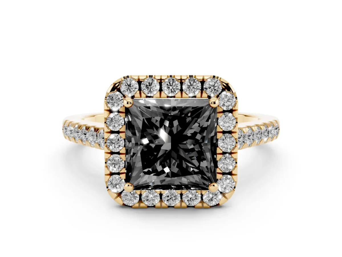 Fancy Black Princess Cut Diamond Halo Pavé Engagement Ring Set in Yellow gold with Prong Setting