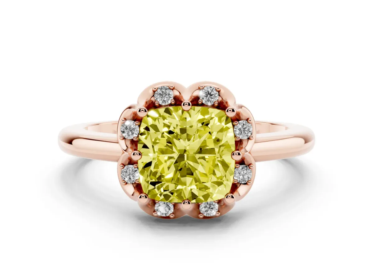 Fancy Yellow Cushion Cut Diamond Round Cluster Halo Ring Set in Rose gold with Solitaire Band and Prong Setting