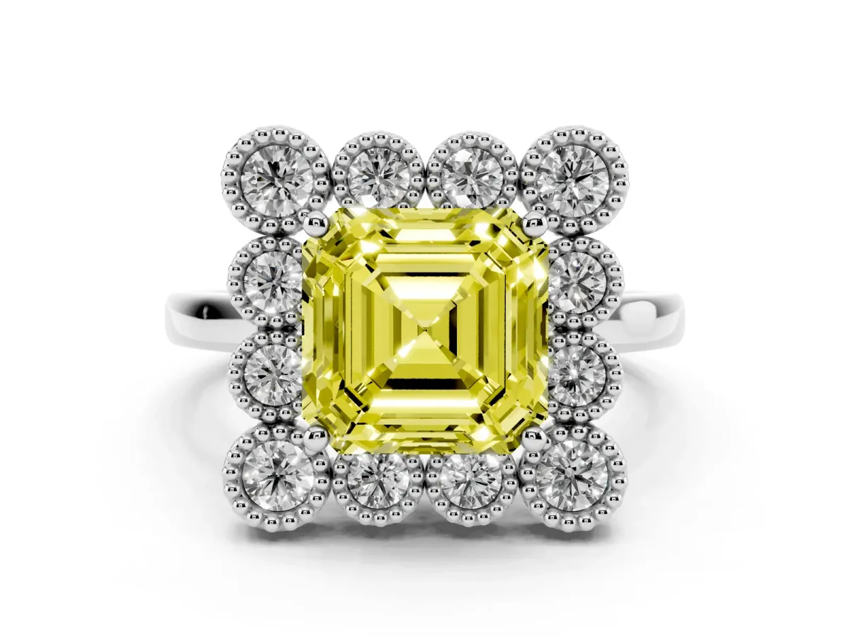 Fancy Yellow Asscher Cut Diamond Cluster Halo Ring Set in Platinum with Milgrain Bezel Accents and Plain Band