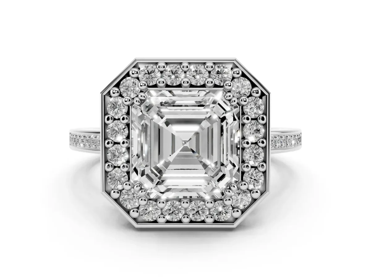 Asscher Cut Diamond Halo Ring Set in Silver with Accent-Lined Split Shank and Prong Setting