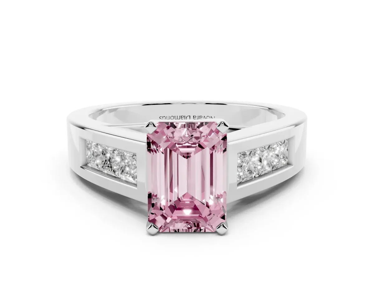Fancy Pink Emerald Cut Diamond Solitaire Ring Set in White gold with Channel-Set Accent Stones and Prong Setting
