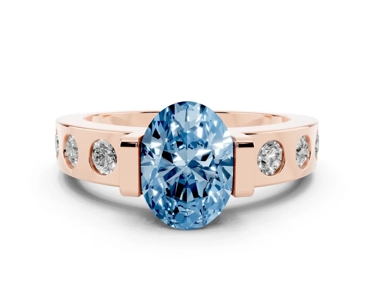 Fancy Blue Oval Cut Diamond Channel-Set Band Ring Set in Rose gold with Bezel Prong Setting