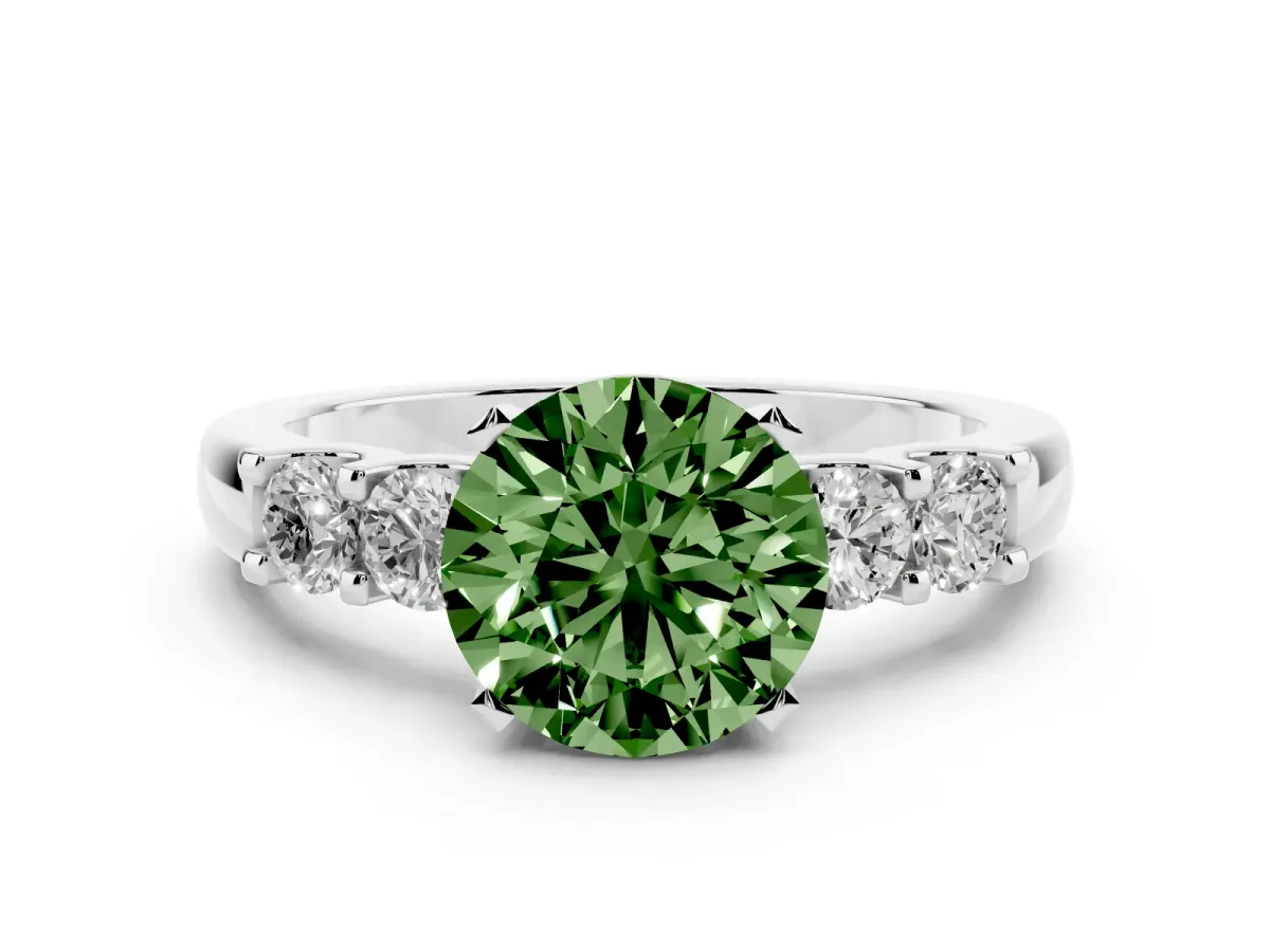 Fancy Green Round Cut Diamond Five-Stone Prong Set Engagement Ring Set in Platinum with Channel Band