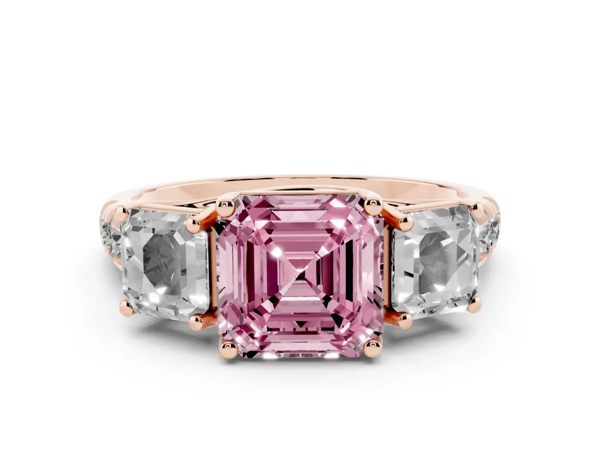 Fancy Pink Asscher Cut Diamond Three-Stone Ring Set in Rose gold with Pavé Band