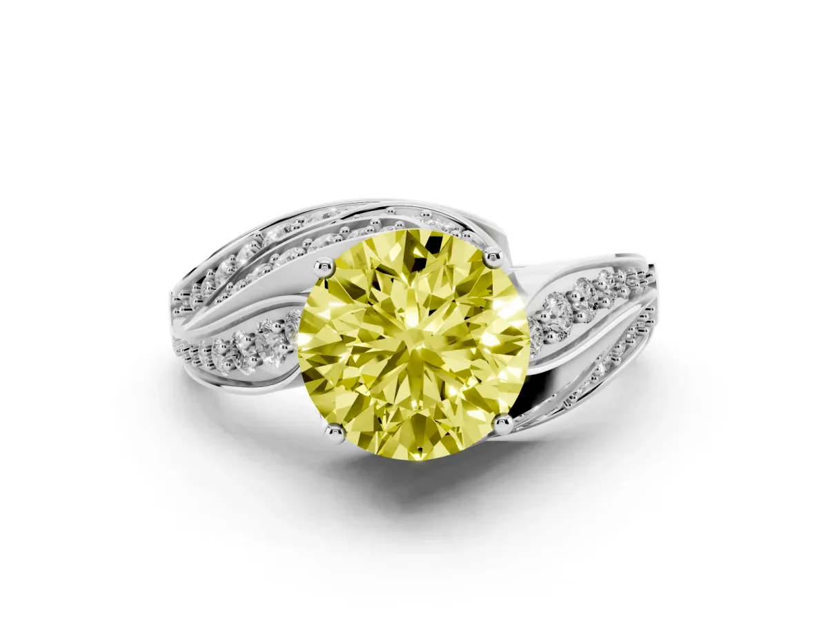 Fancy Yellow Round Cut Diamond Solitaire Ring Set in White gold with Layered Twist Pavé Band