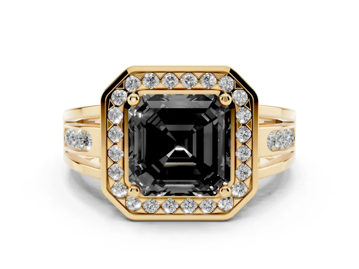 Fancy Black Asscher Cut Diamond Halo Ring Set in Yellow gold with Pavé and Bezel Accent Split Shank