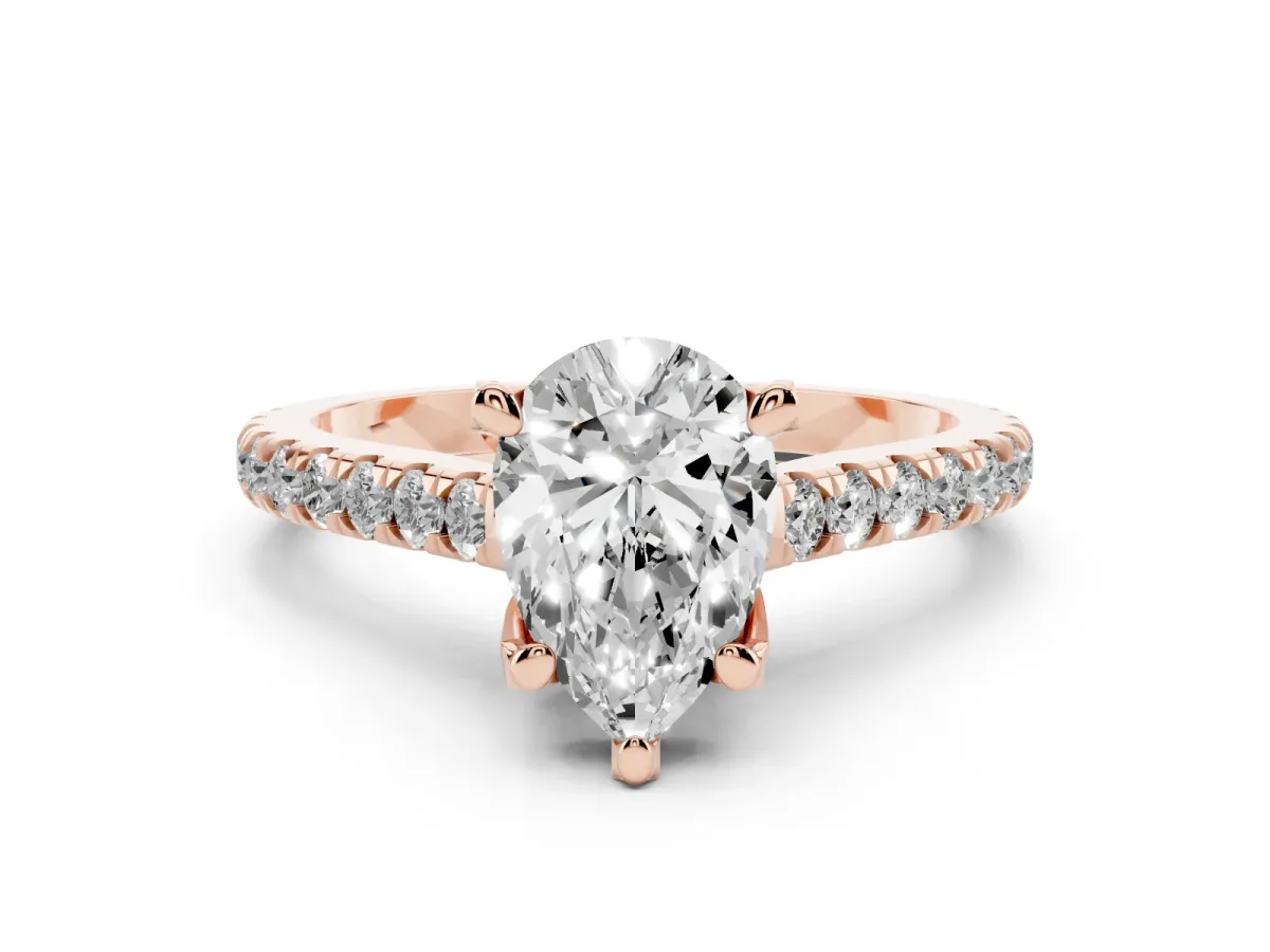 Pear Cut Diamond Solitaire Ring Set in Rose gold with Brilliant Pavé Band and Prong Setting