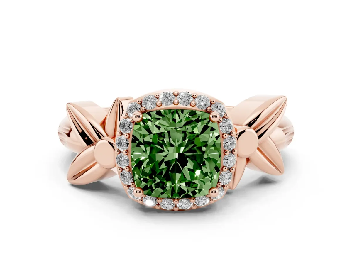 Fancy Green Cushion Cut Diamond Halo Floral Band Ring Set in Rose gold with Prong Setting