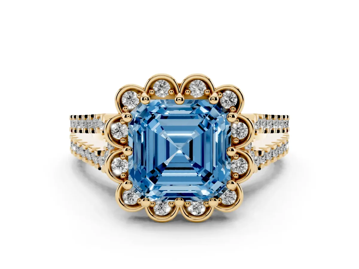 Fancy Blue Asscher Cut Diamond Floral Halo Split Shank Engagement Ring Set in Yellow gold with Pavé Shank