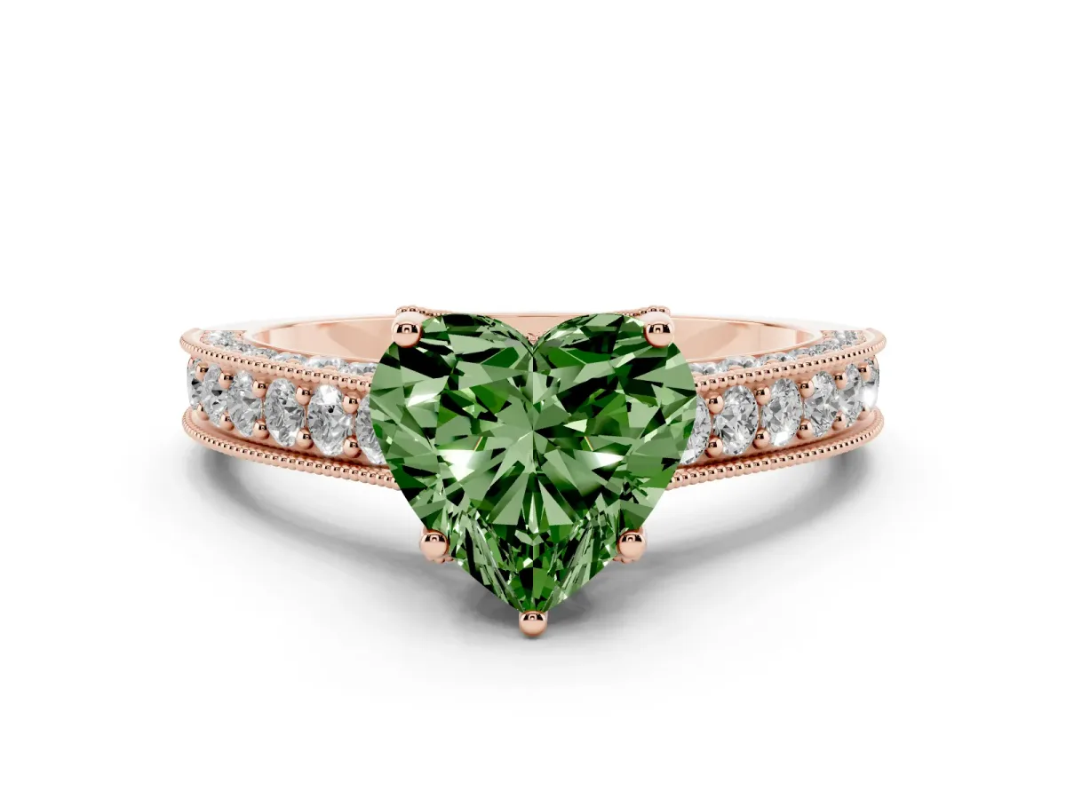 Fancy Green Heart Cut Diamond Solitaire Ring Set in Rose gold with Milgrain-Edged Pavé Band and Prong Setting
