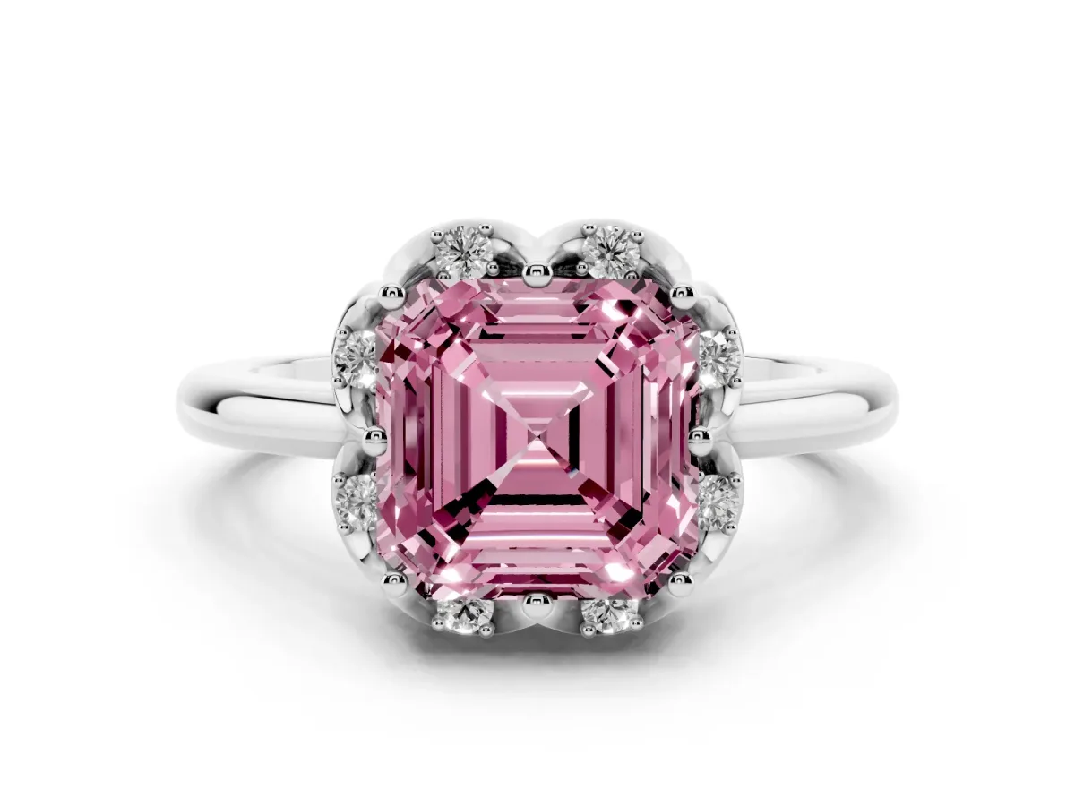 Fancy Pink Asscher Cut Diamond Round Cluster Halo Ring Set in Platinum with Solitaire Band and Prong Setting