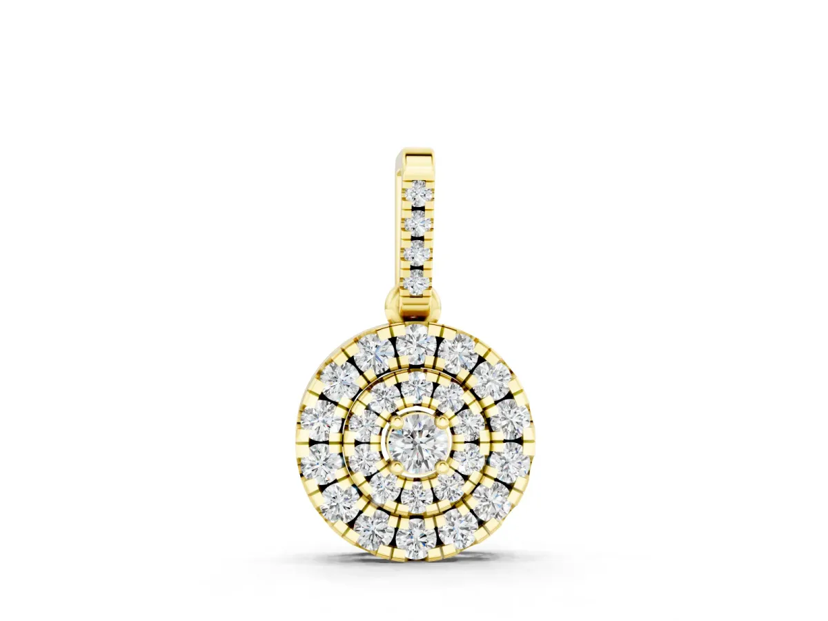 Round Diamond Double Halo Pendant Set in Yellow gold with Allover Pavé