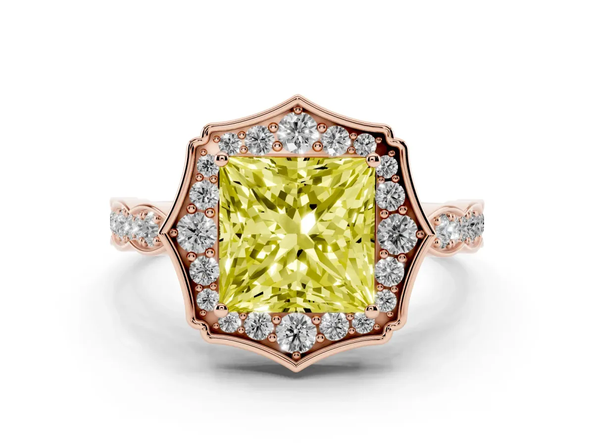 Fancy Yellow Princess Cut Diamond Halo Engagement Ring Set in Rose gold with Milgrain Band and Prong Setting