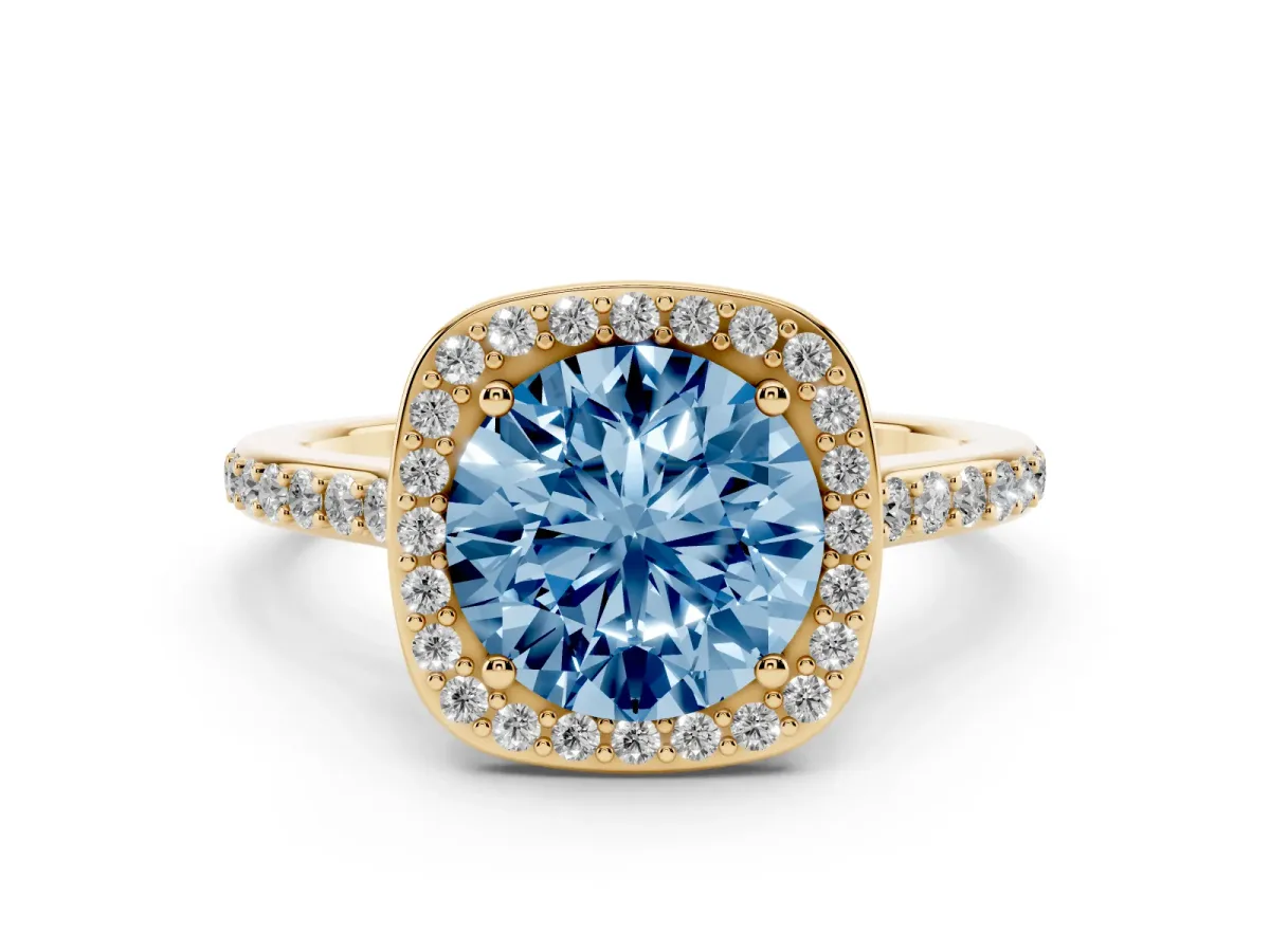 Fancy Blue Round Cut Diamond Halo Engagement Ring Set in Yellow gold with Round Pavé Shoulders and Heart Gallery