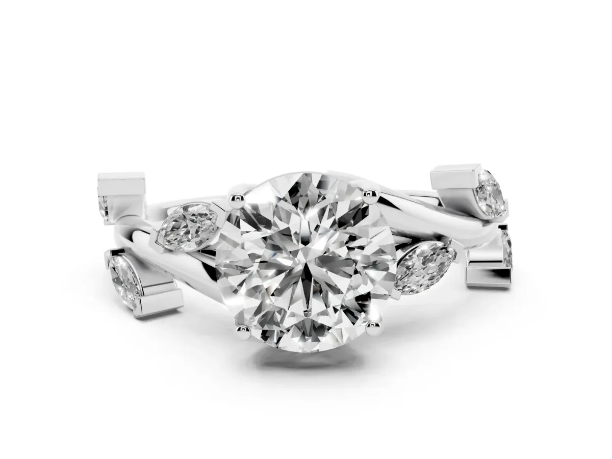 Round Cut Diamond Solitaire Ring Set in Silver with Twisted Marquise Accent Band