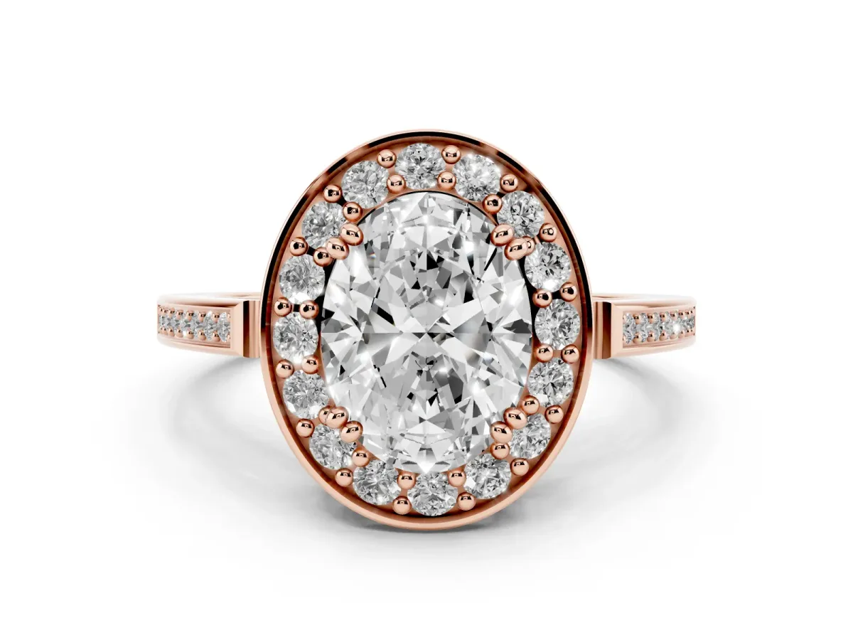 Oval Cut Diamond Halo Ring Set in Rose gold with Accent-Lined Split Shank and Prong Setting