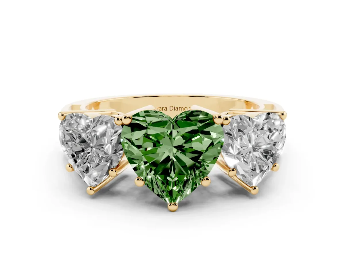 Fancy Green Heart Cut Diamond Three-Stone Ring Set in Yellow gold with Textured Band