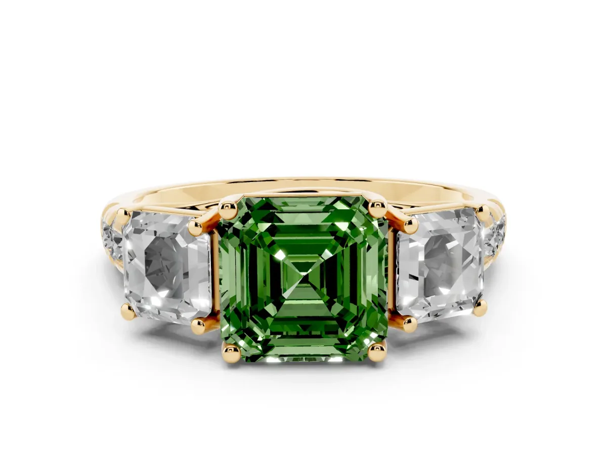 Fancy Green Asscher Cut Diamond Three-Stone Ring Set in Yellow gold with Pavé Band