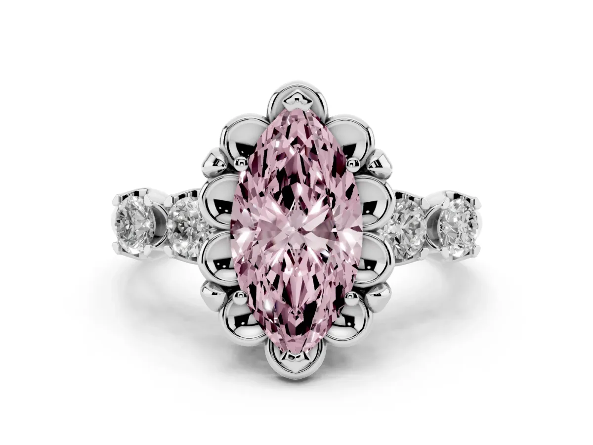 Fancy Pink Marquise Cut Diamond Floral Halo Ring Set in Platinum with Shared Prong Band