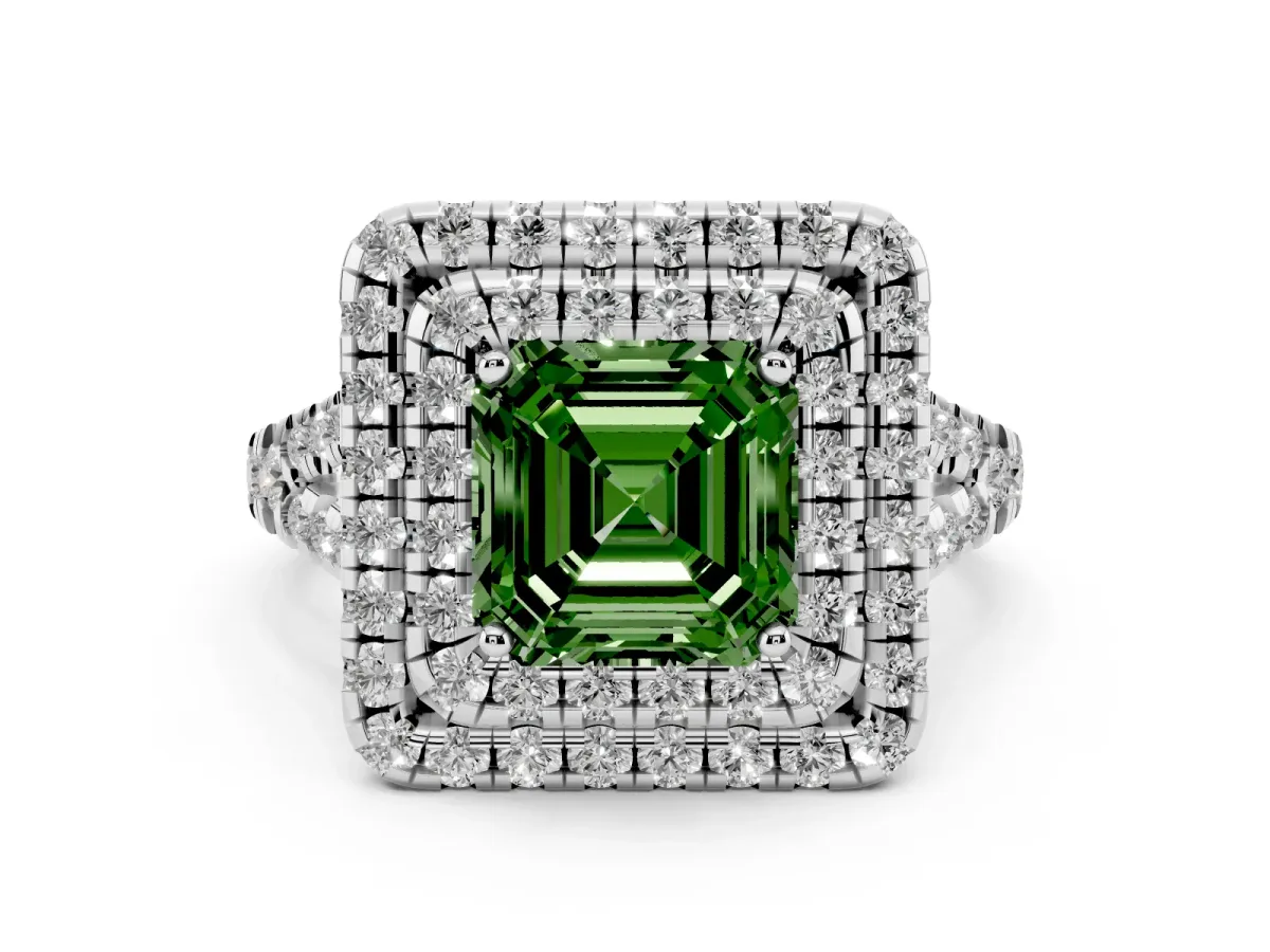 Fancy Green Asscher Cut Diamond Double Halo Ring Set in White gold with Pavé Split Shank and Prong Setting