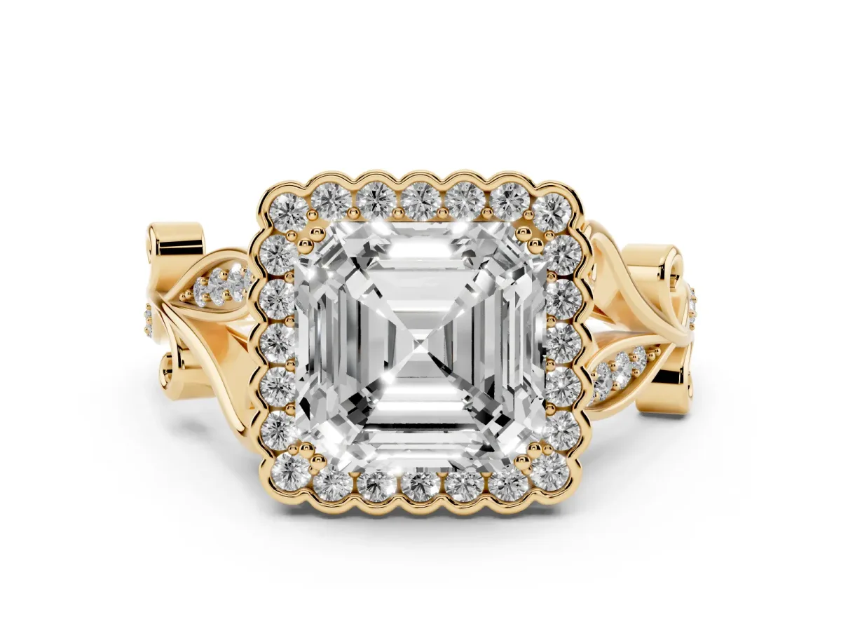 Asscher Cut Diamond Halo Ring Set in Yellow gold with Leaf Motif Split Shank and Prong Setting