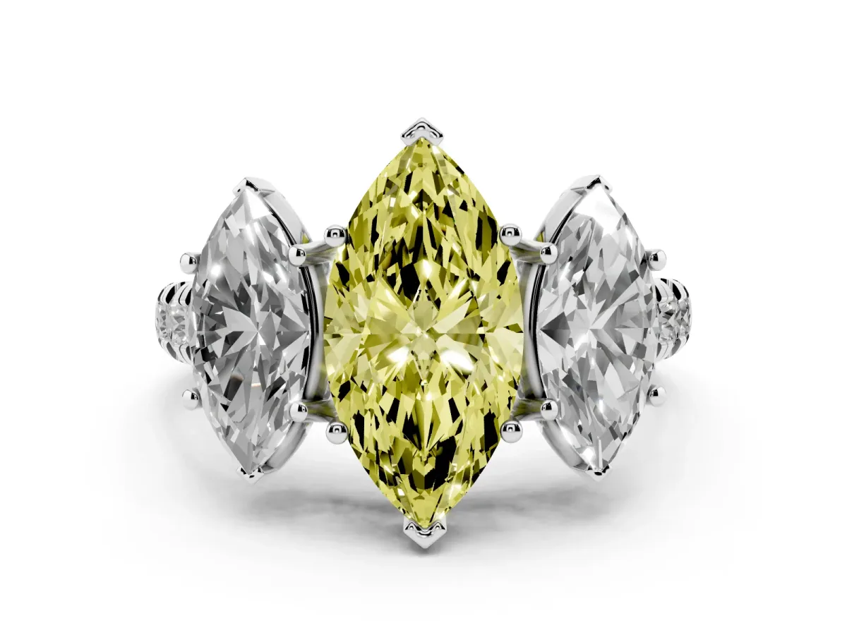 Fancy Yellow Marquise Cut Diamond Three-Stone Ring Set in Silver with Pavé Band