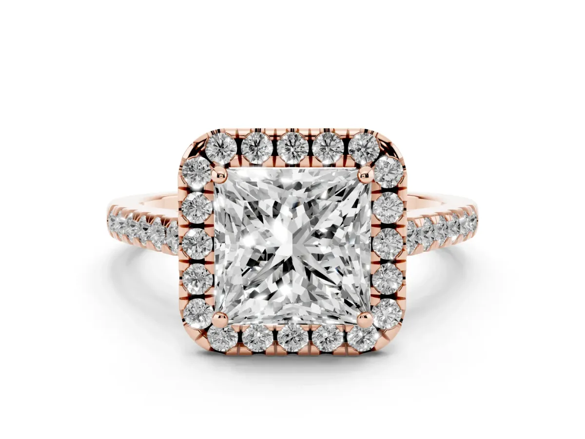 Princess Cut Diamond Halo Pavé Engagement Ring Set in Rose gold with Prong Setting