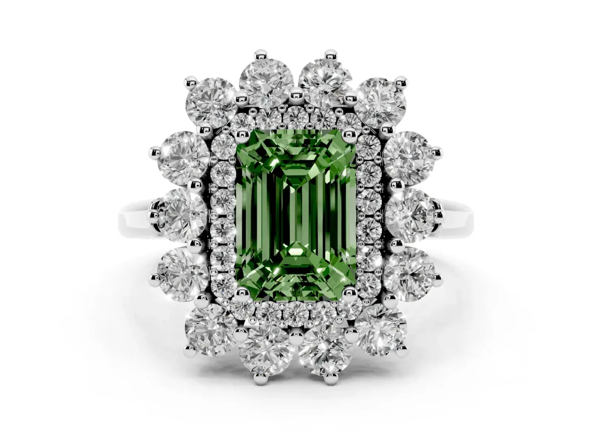 Fancy Green Emerald Cut Diamond Floral Double Halo Ring Set in White gold with Round Petals