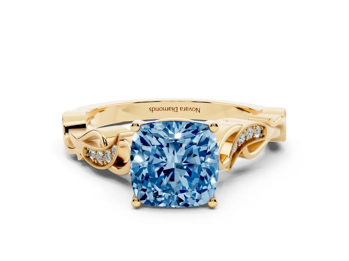 Fancy Blue Cushion Cut Diamond Vine Band Solitaire Ring Set in Yellow gold with Milgrain Prong Setting