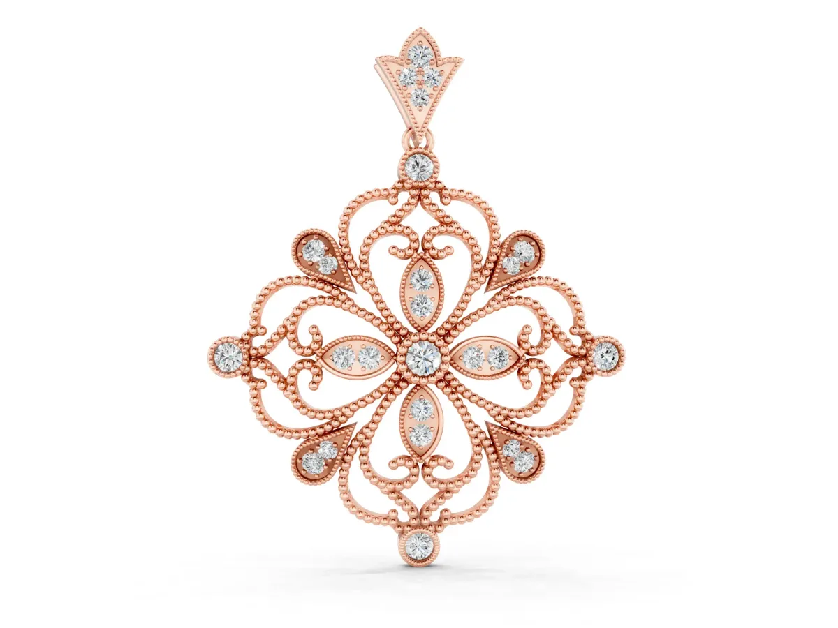 Vintage-Inspired Floral Diamond Pendant Set in Rose gold with Pavé Scrollwork