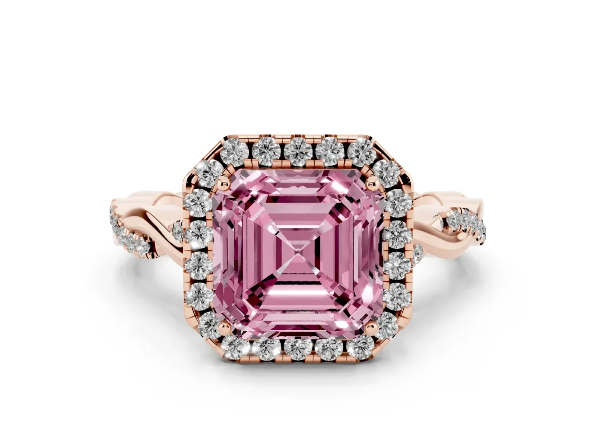 Fancy Pink Asscher Cut Diamond Halo Twist Band Solitaire Ring Set in Rose gold with Prong Setting
