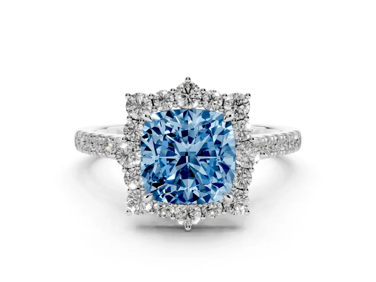 Fancy Blue Cushion Cut Diamond Halo Ring Set in White gold with Pavé Band and Prong Setting