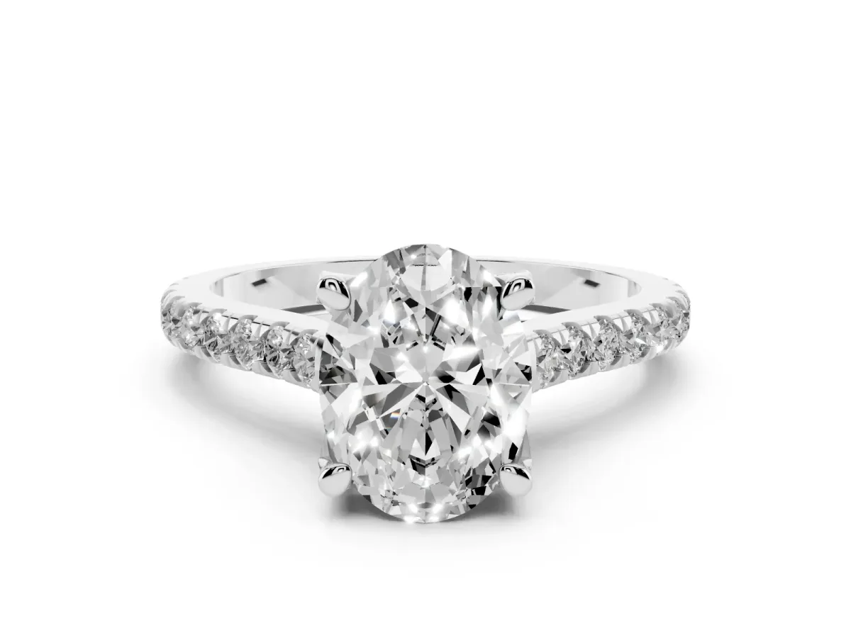 Oval Cut Diamond Solitaire Ring Set in Platinum with Brilliant Pavé Band and Prong Setting