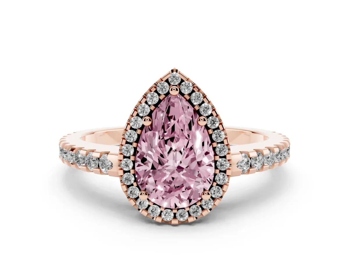 Fancy Pink Pear Cut Diamond Halo Ring Set in Rose gold with Pavé Shoulders and Halo-Framed Center