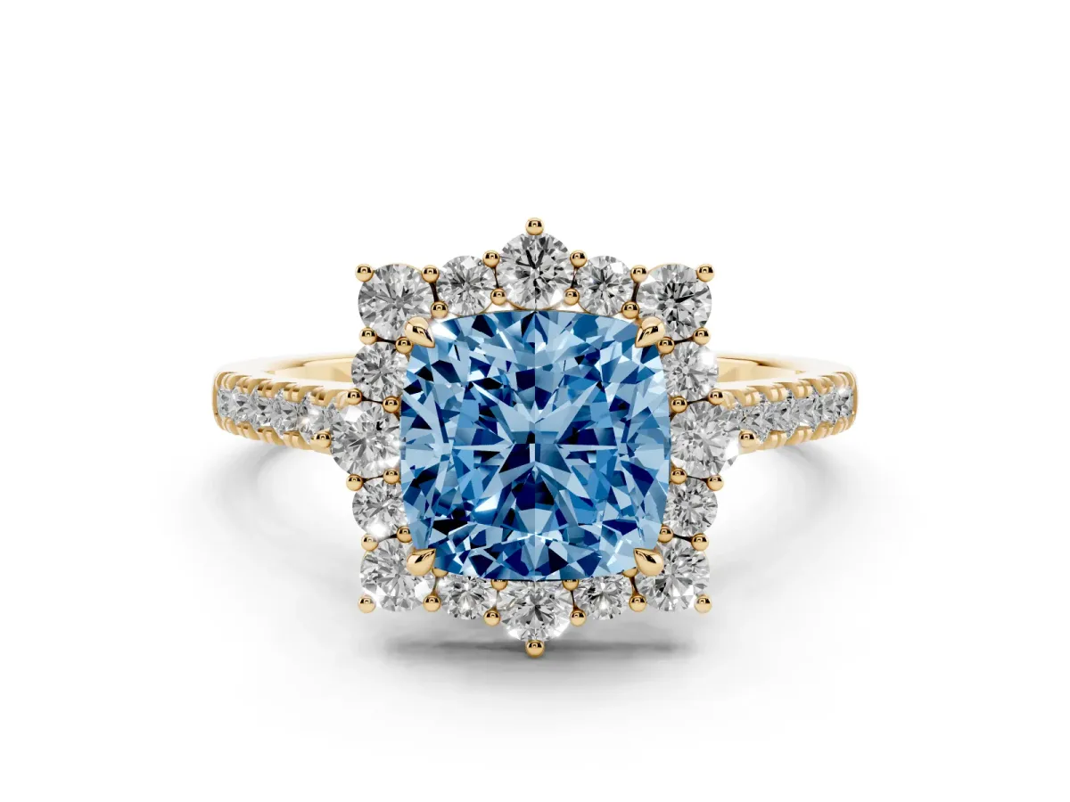 Fancy Blue Cushion Cut Diamond Halo Ring Set in Yellow gold with Pavé Band and Prong Setting