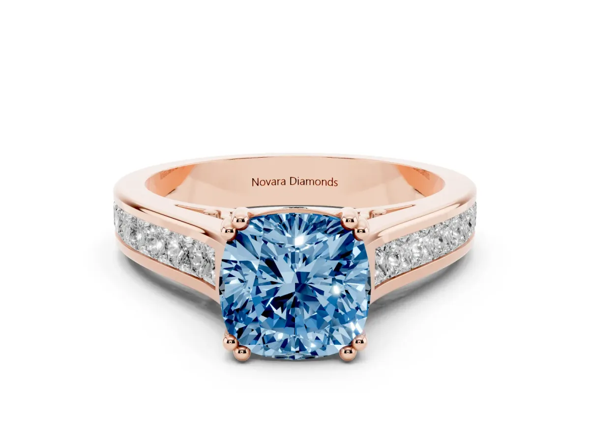 Fancy Blue Cushion Cut Diamond Channel Set Solitaire Engagement Ring Set in Rose gold with Prong Setting