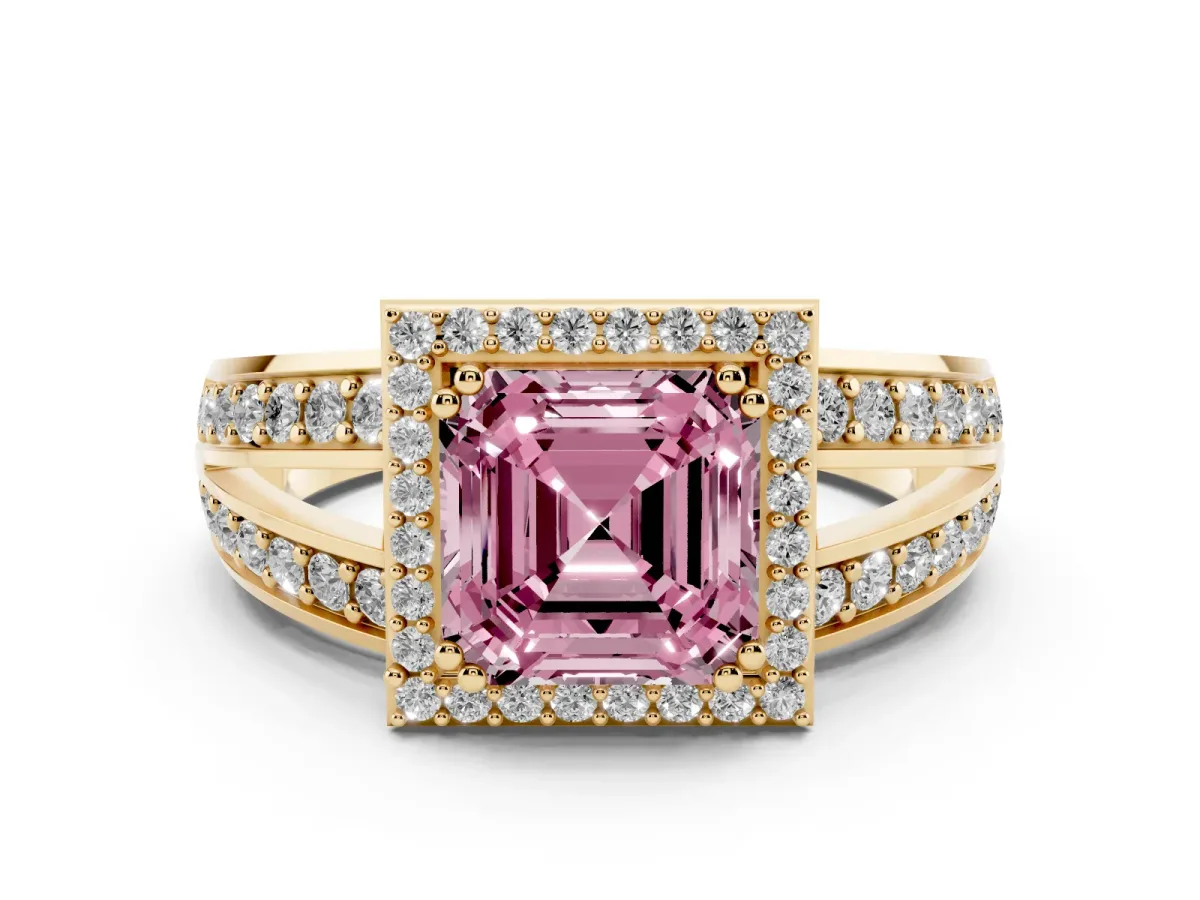 Fancy Pink Asscher Cut Diamond Halo Ring Set in Yellow gold with Double Pavé Split Shank