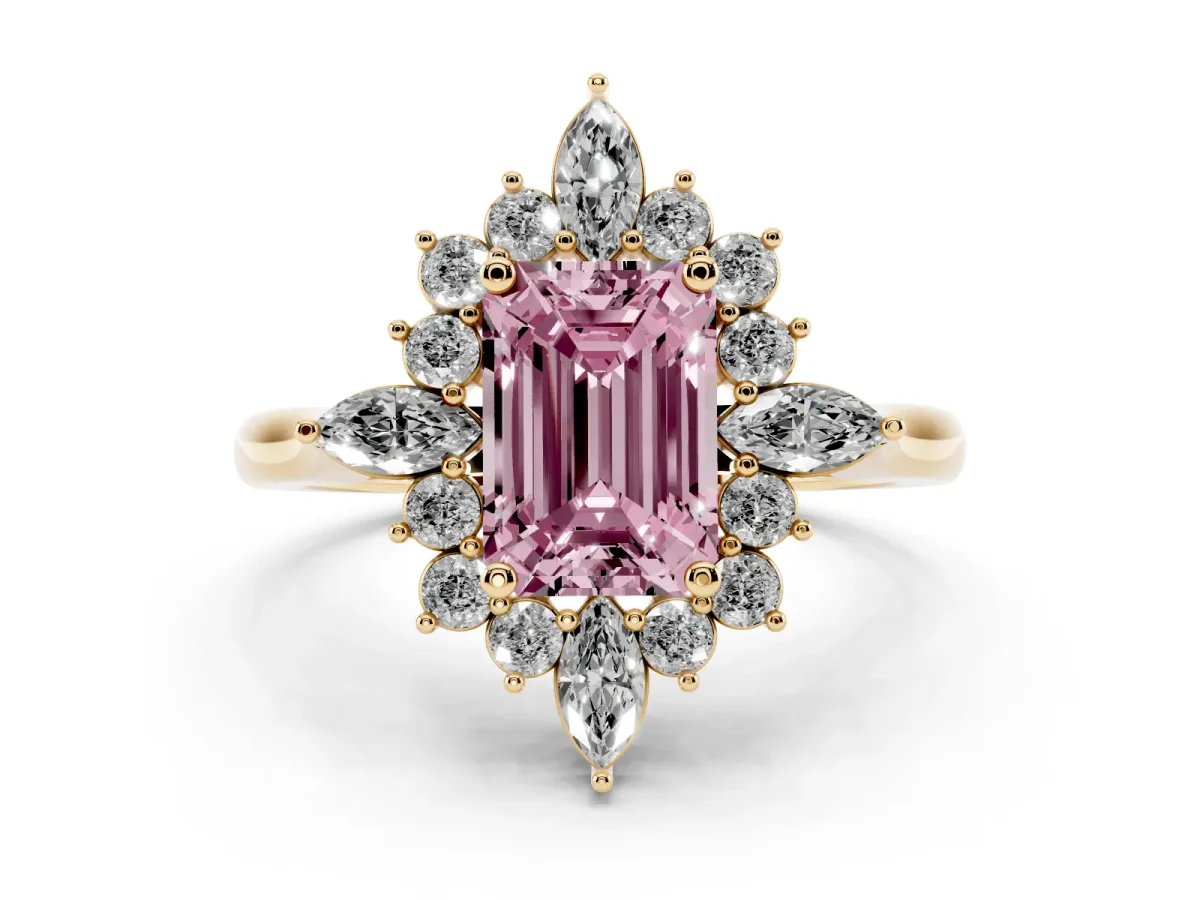 Fancy Pink Emerald Cut Diamond Cluster Halo Ring Set in Yellow gold with Marquise and Round Accents