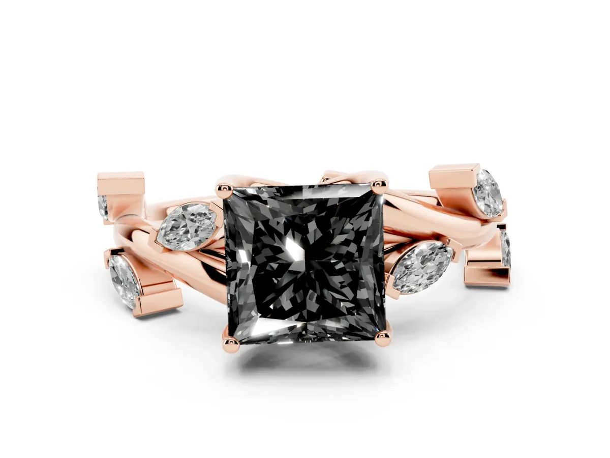Fancy Black Princess Cut Diamond Solitaire Ring Set in Rose gold with Twisted Marquise Accent Band