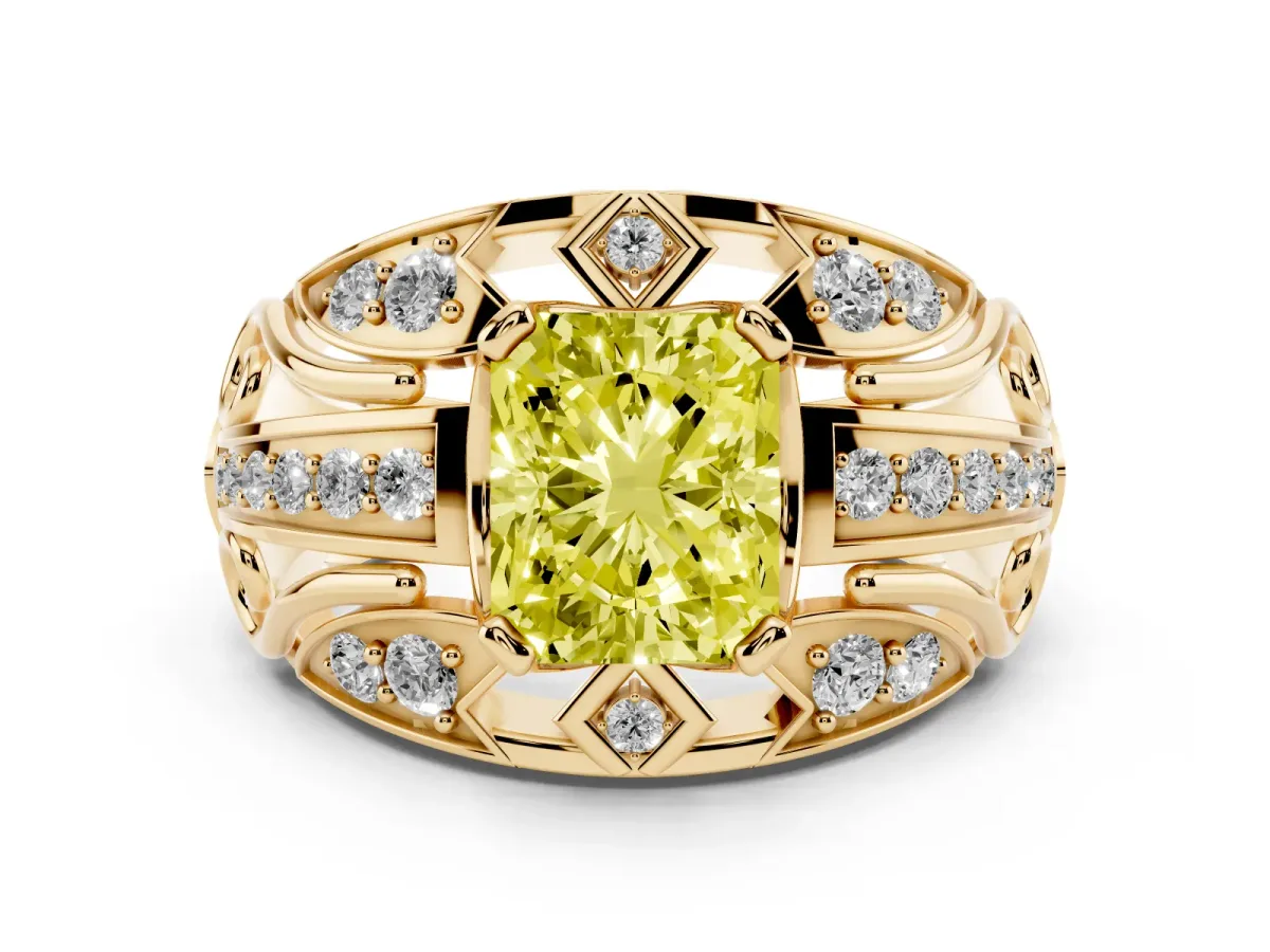 Fancy Yellow Radiant Cut Diamond Art Deco Ring Set in Yellow gold with Pavé Split Shank
