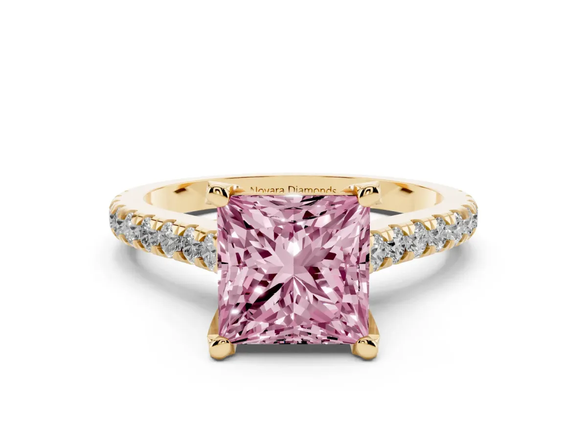 Fancy Pink Princess Cut Diamond Solitaire Ring Set in Yellow gold with Brilliant Pavé Band and Prong Setting