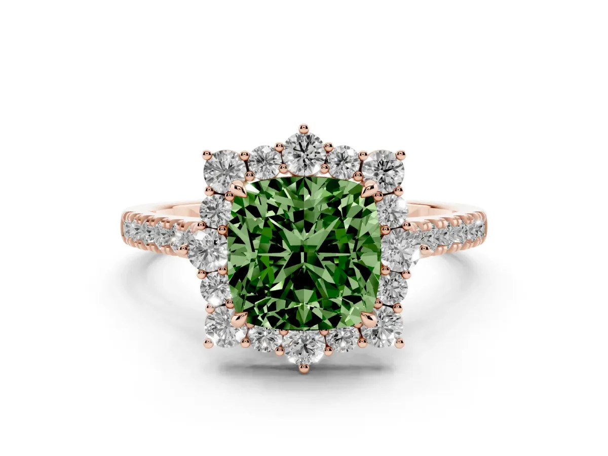 Fancy Green Cushion Cut Diamond Halo Ring Set in Rose gold with Pavé Band and Prong Setting