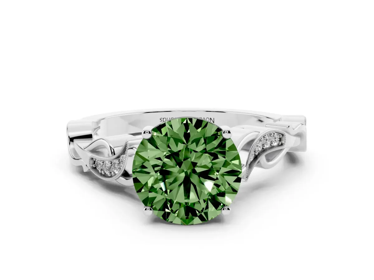Fancy Green Round Cut Diamond Vine Band Solitaire Ring Set in Silver with Milgrain Prong Setting