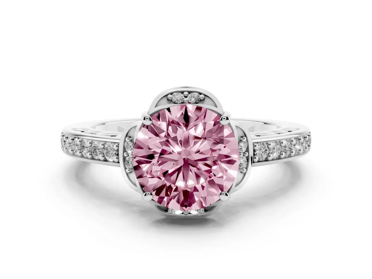 Fancy Pink Round Cut Diamond Halo Ring Set in Platinum with Channel Set Band and Prong Setting