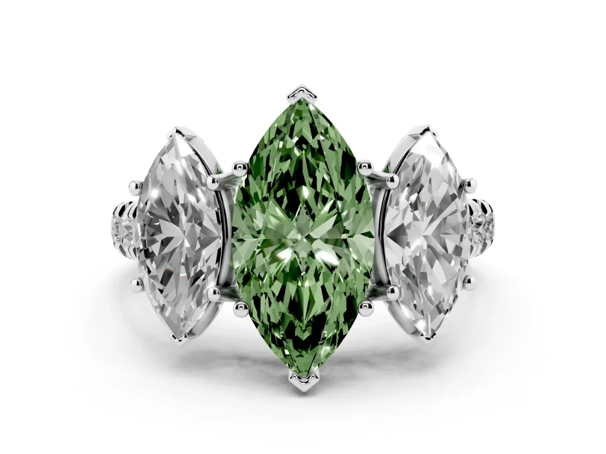 Fancy Green Marquise Cut Diamond Three-Stone Ring Set in Silver with Pavé Band