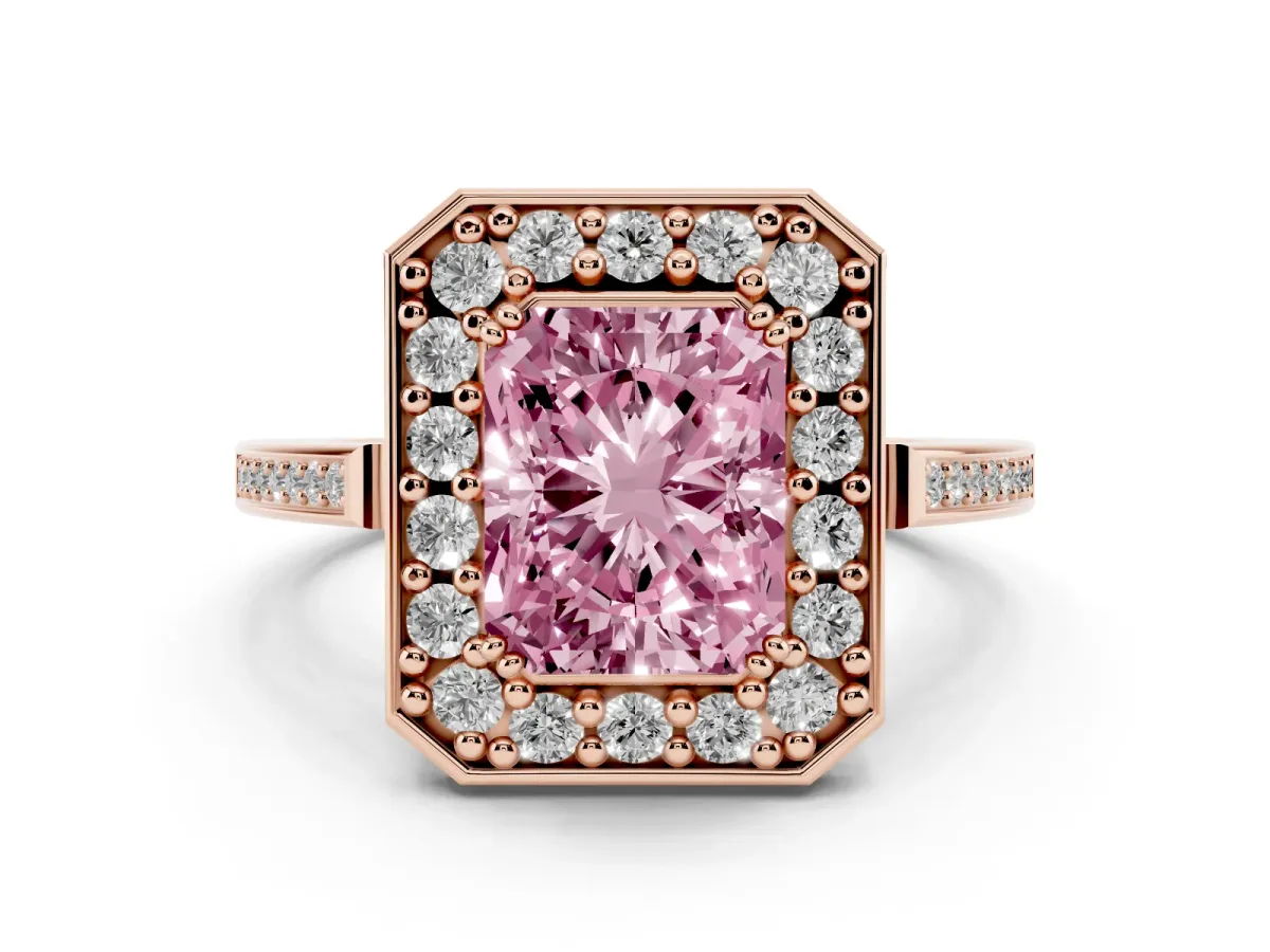 Fancy Pink Radiant Cut Diamond Halo Ring Set in Rose gold with Accent-Lined Split Shank and Prong Setting