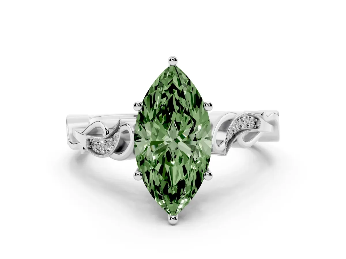 Fancy Green Marquise Cut Diamond Vine Band Solitaire Ring Set in Platinum with Milgrain Prong Setting