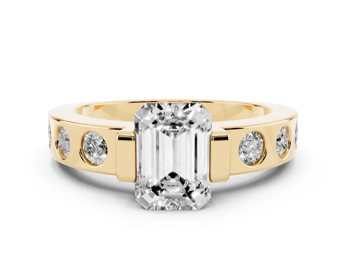Emerald Cut Diamond Channel-Set Band Ring Set in Yellow gold with Bezel Prong Setting
