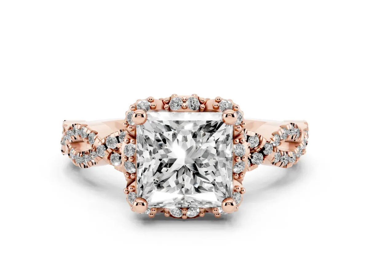 Princess Cut Diamond Halo Twist Band Solitaire Ring Set in Rose gold with Prong-Set Center Stone